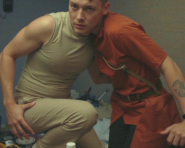 Crouching Men with Distinctive Outfits and Tattoos