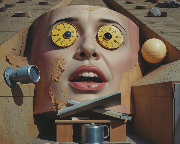Surreal Landscape with Giant Fragmented Face and Clocks