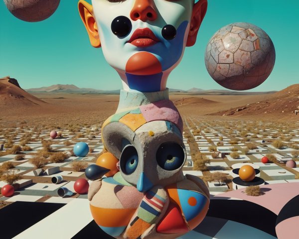 Surreal Landscape with Abstract Sculpture and Shapes