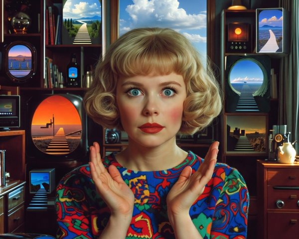 Portrait of a surprised woman in a colorful setting