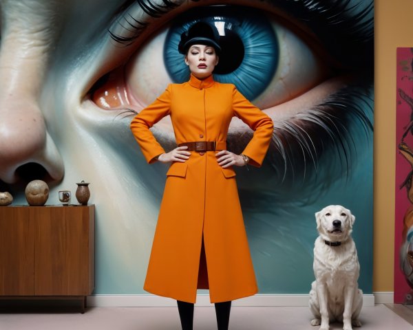 Stylish Woman in Orange Coat with Surreal Mural and Dog
