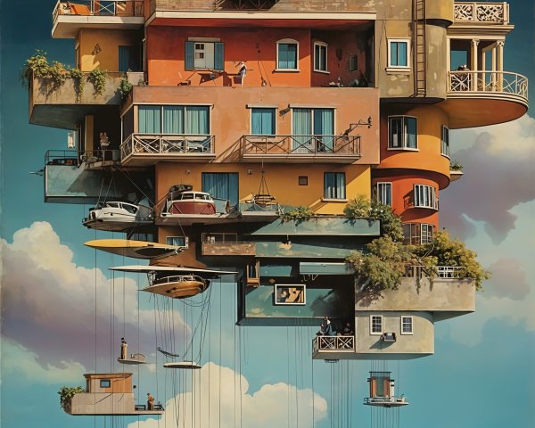Surrealist Illustration of a Colorful Multi-Storey House