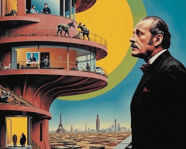 Surrealistic Painting of Man and Futuristic Building
