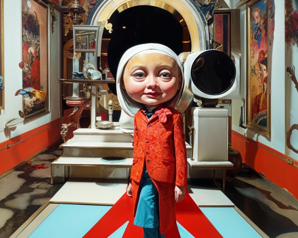 Whimsical Interior Scene with Large-Headed Character