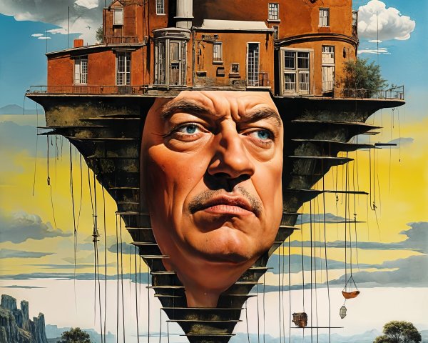 Surreal Artwork with Human Face and Inverted Triangle