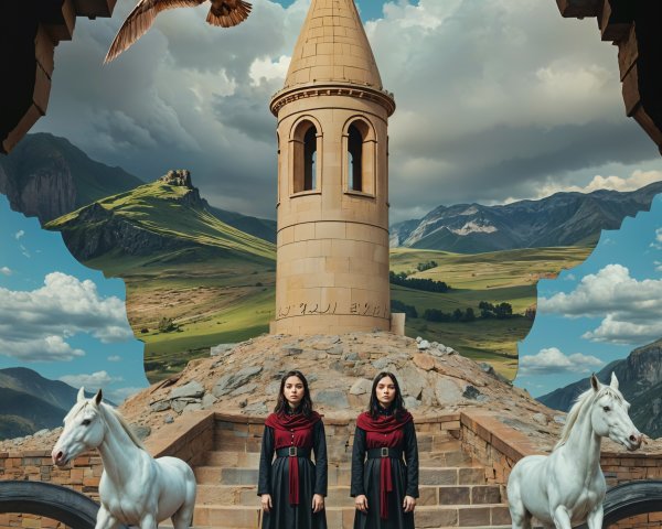 Women in Cloaks by Tower with Horses and Eagle