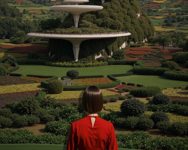 Woman in Red Dress on Hill with Futuristic Structure