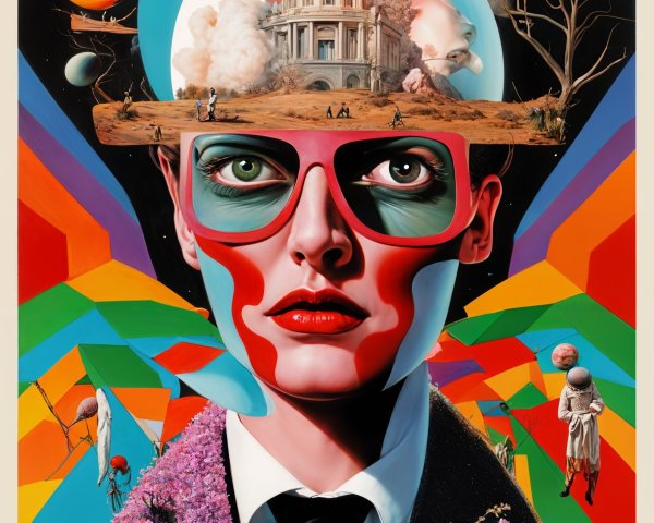 Surreal Portrait with Vibrant Glasses and Fantasy Landscape