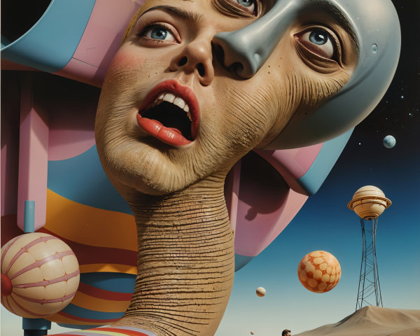 Surreal Landscape with Giant Face and Whimsical Elements