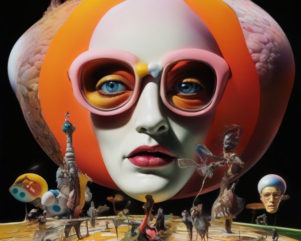 Surreal Oversized Head with Vibrant Colors and Figures