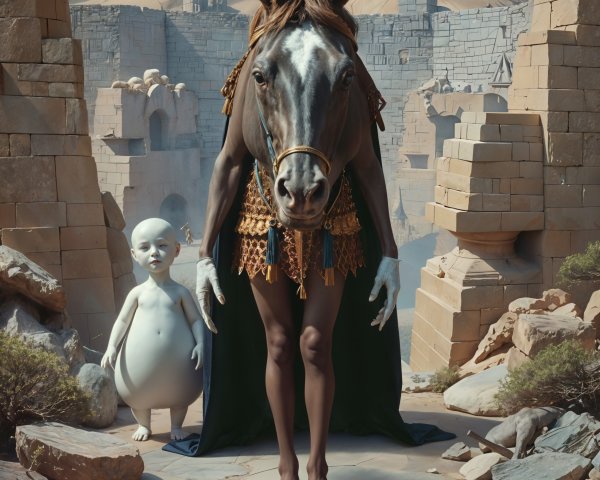 Surreal Landscape with Humanoid and Egg-Shaped Creature