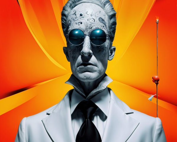 Striking Figure in White Suit Against Fiery Background