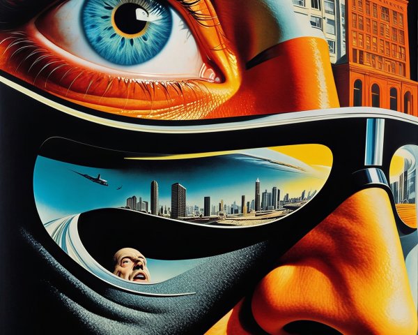 Surrealist Close-Up of Eye and Nose with City Reflection