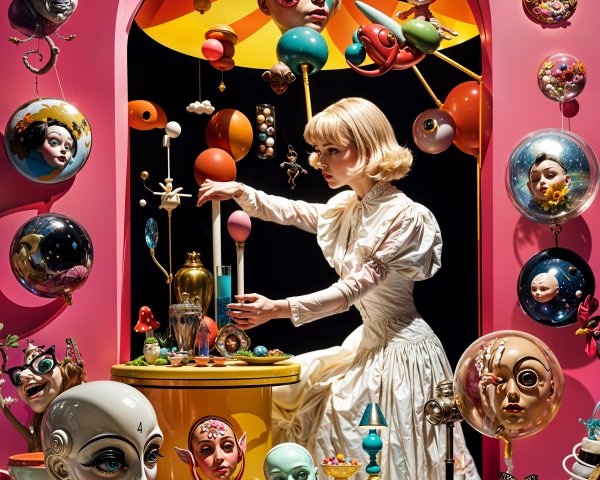 Whimsical Art Installation with Vintage Dress and Sculptures