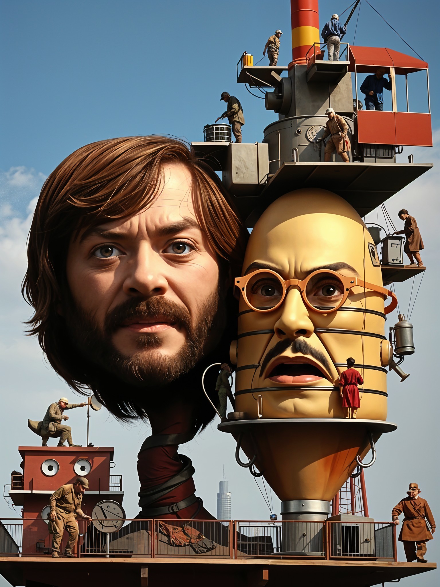 Surreal sculpture of a dual-headed face in a vibrant setting