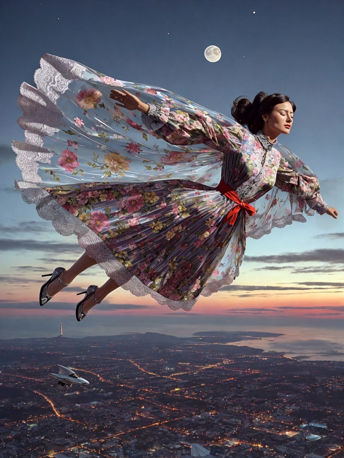 Woman in Floral Dress Soaring Above City at Twilight
