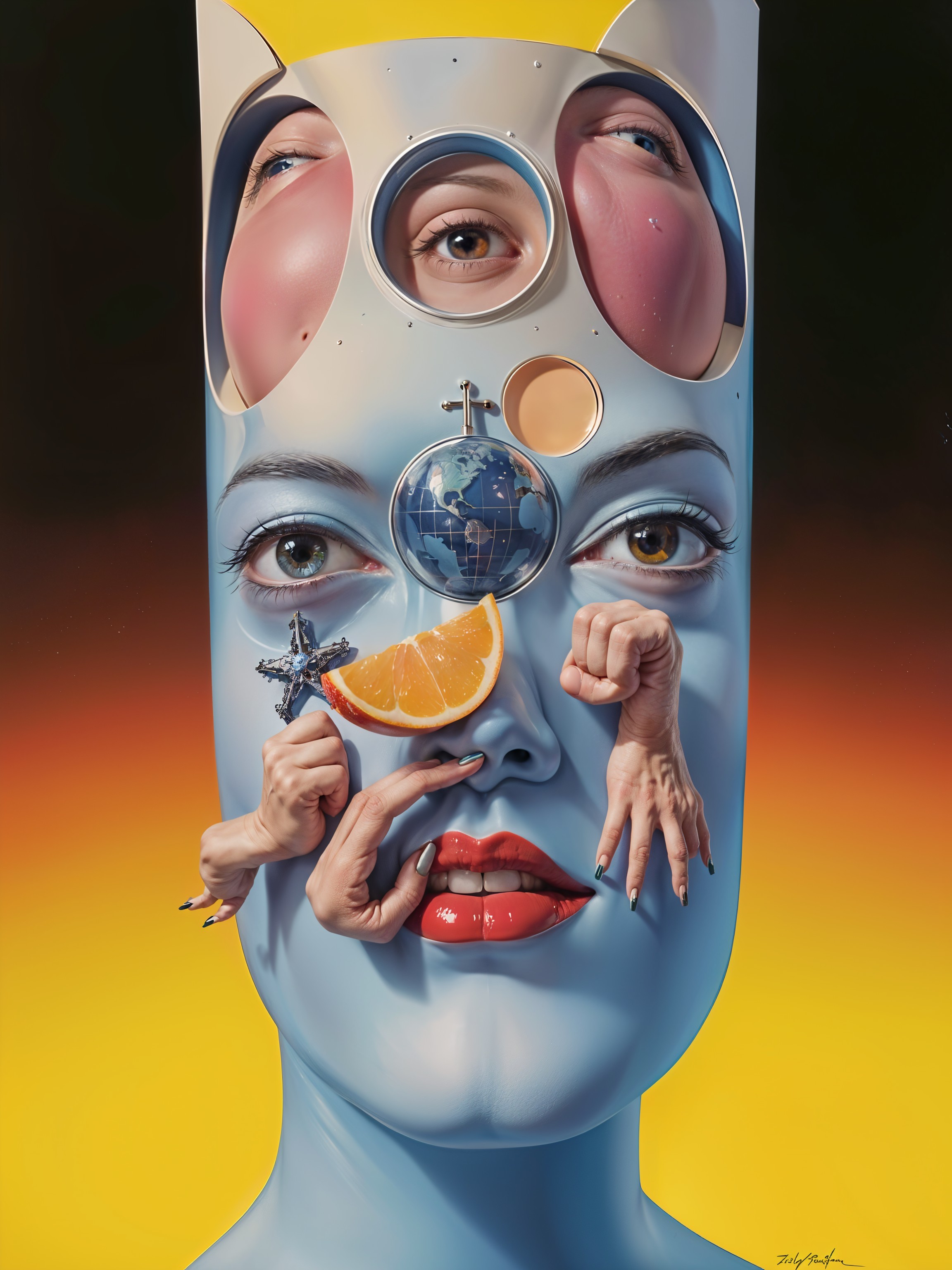 Surreal Humanoid Figure with Abstract Headpiece and Objects