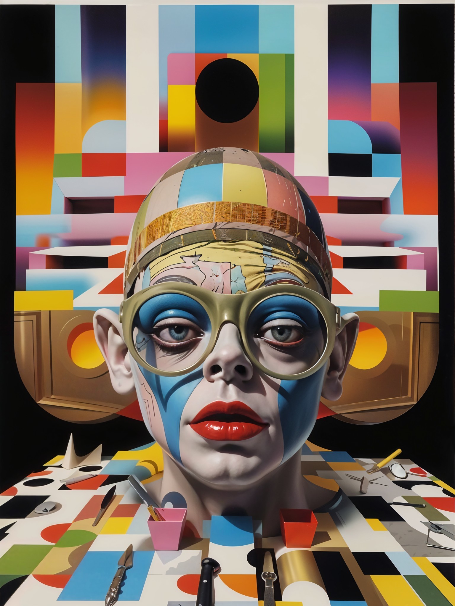 Colorful Portrait with Geometric Background and Art Supplies