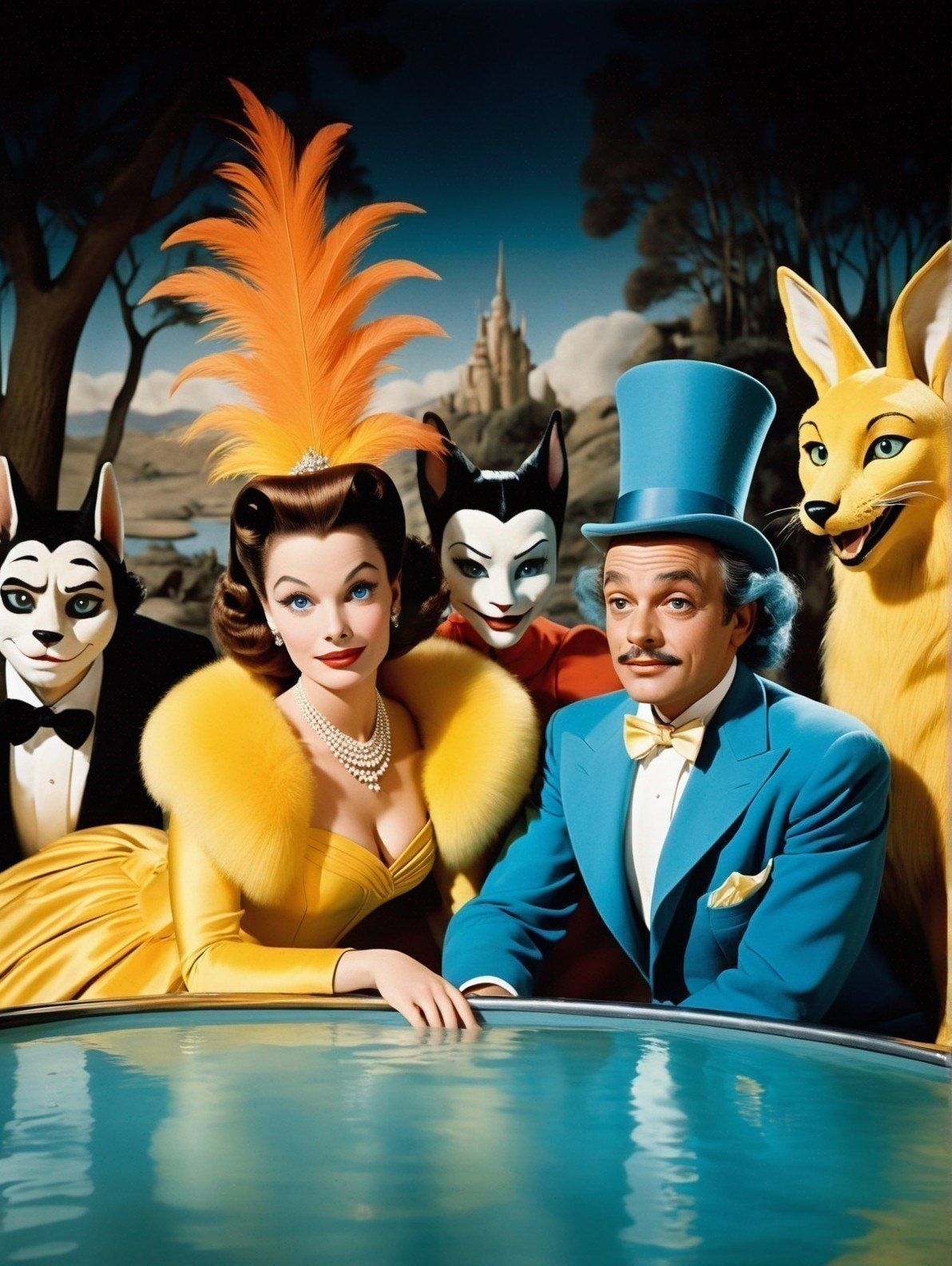 Glamorous Poolside Scene with Fairytale Characters