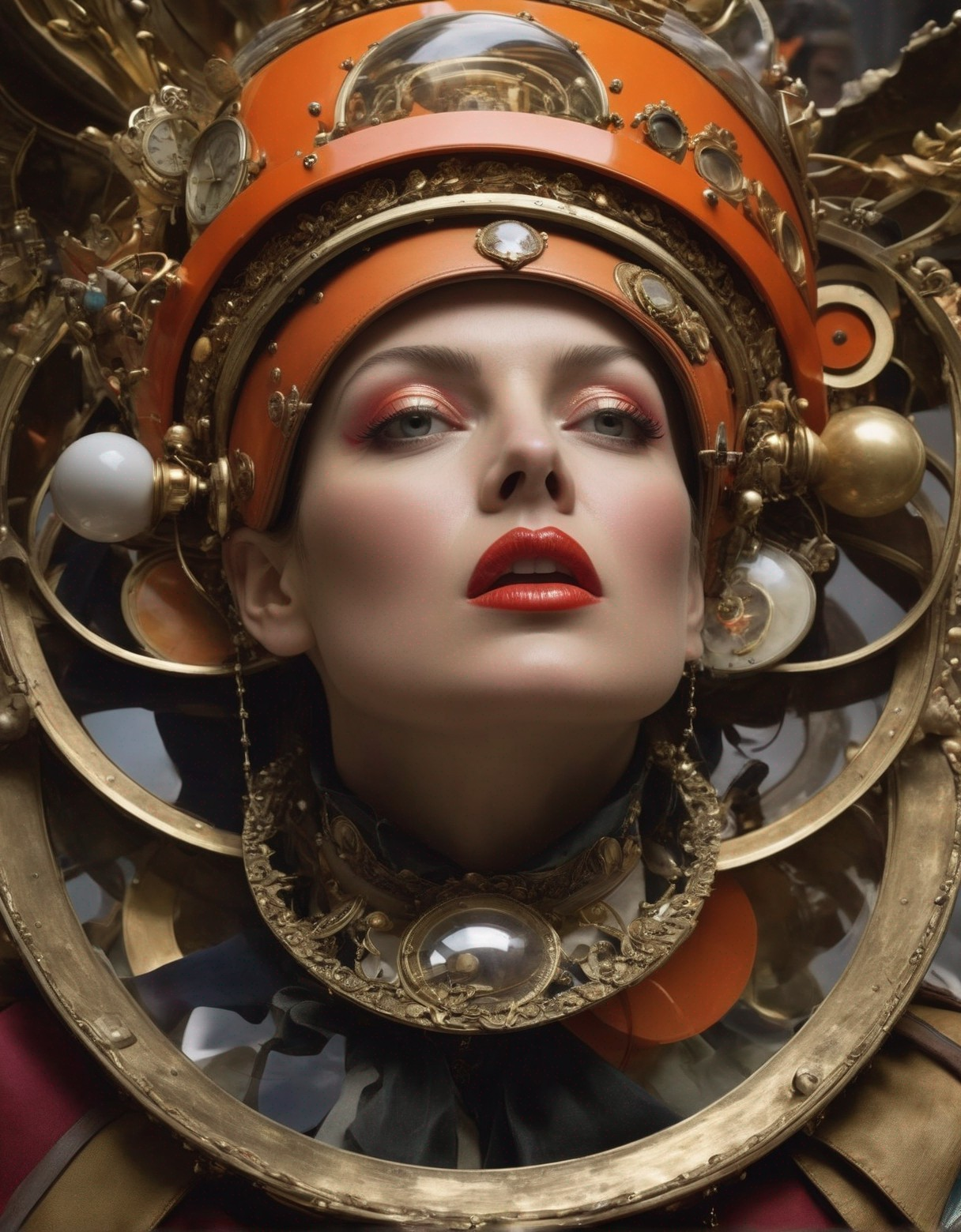 Ethereal Figure with Ornate Headdress and Bold Makeup