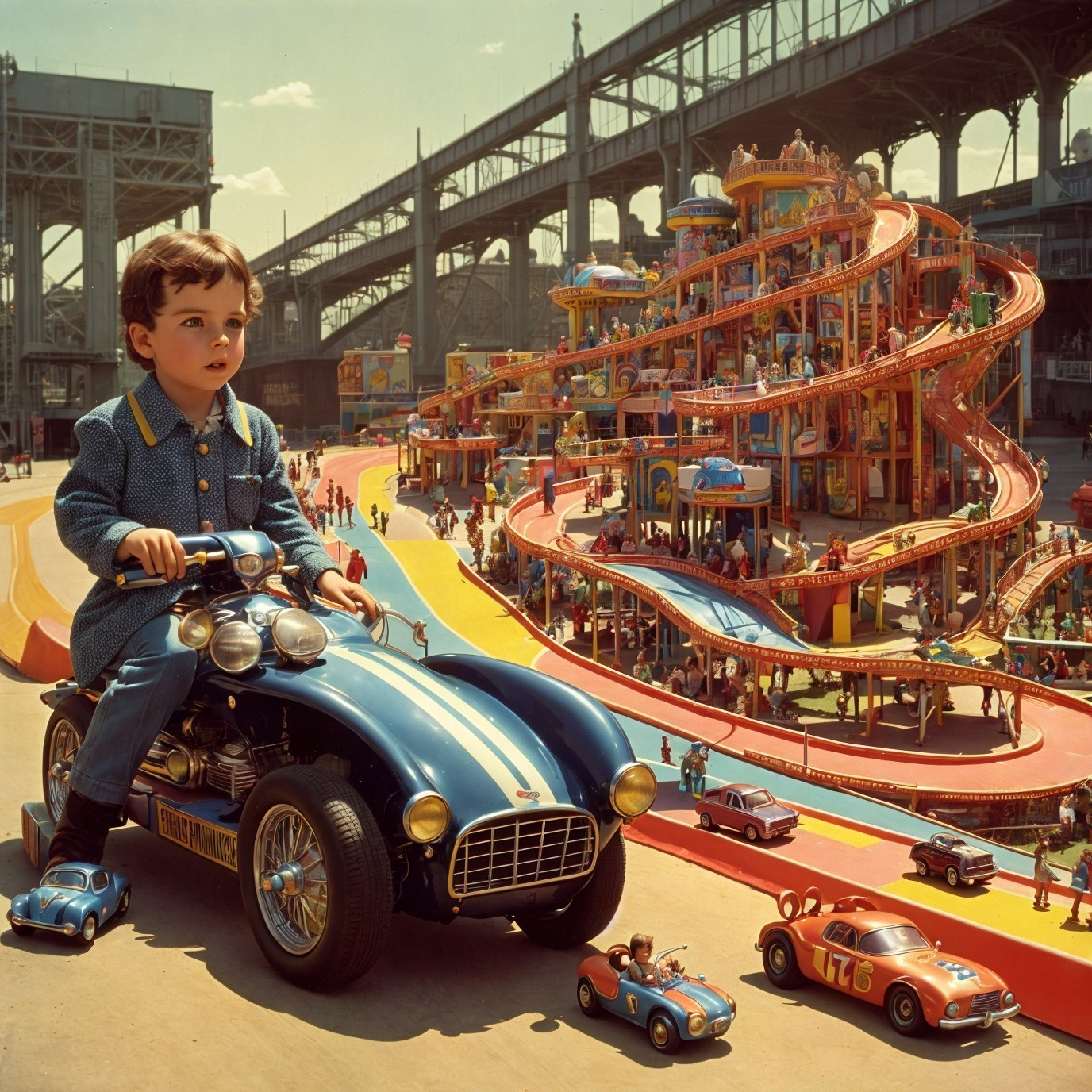 Young Boy in Vintage Car Outfit at Amusement Park