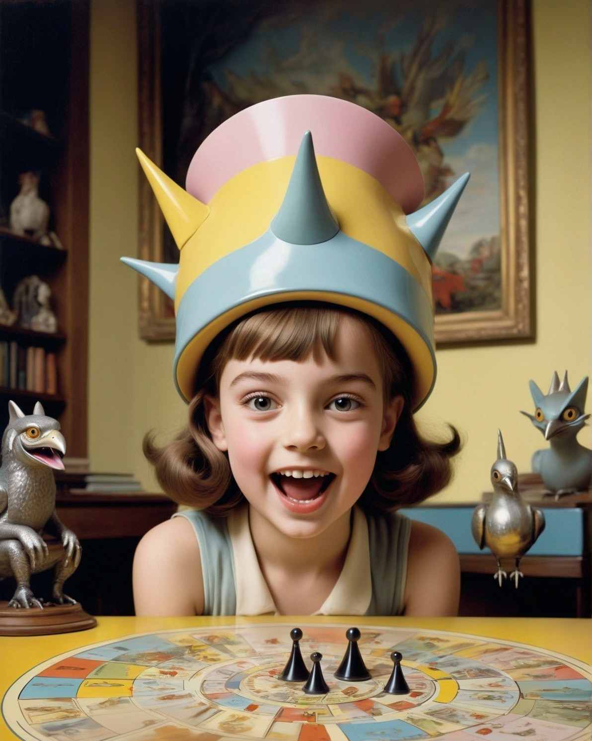 Playful Girl in Colorful Hat at Game Board Setup