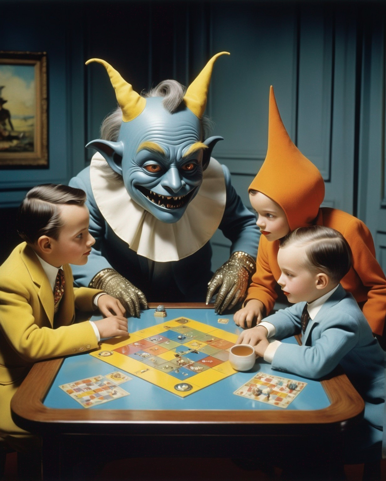 Eerie Blue-Skinned Figure Overseeing Children Playing