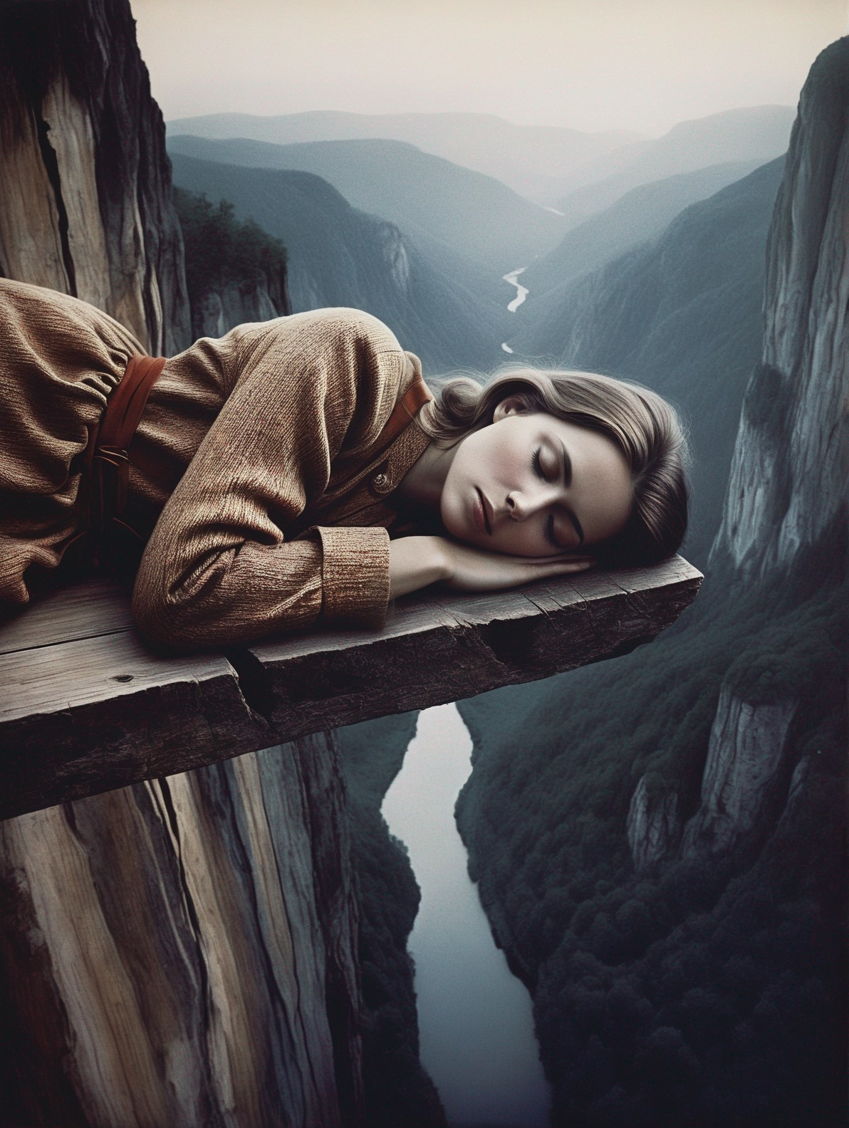 Woman Resting on Cliff Overlooking Winding River