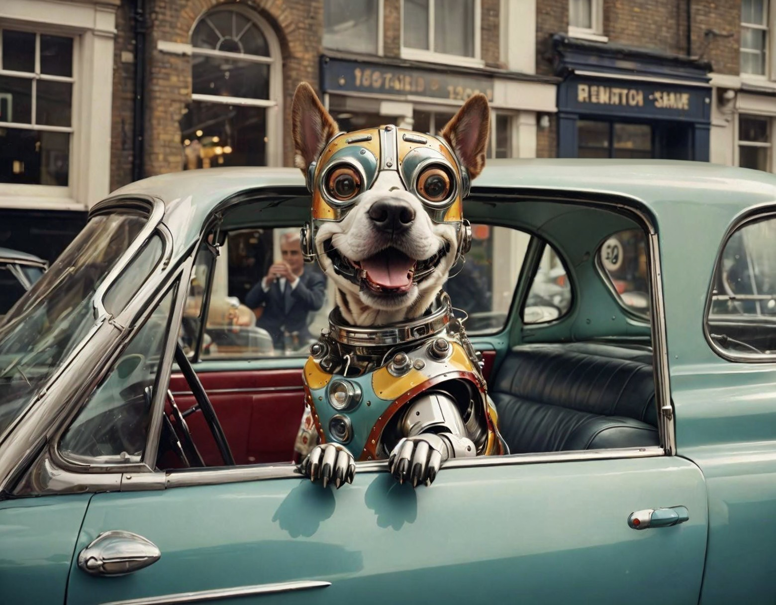 Cheerful Dog in Steampunk Outfit in Vintage Car Window