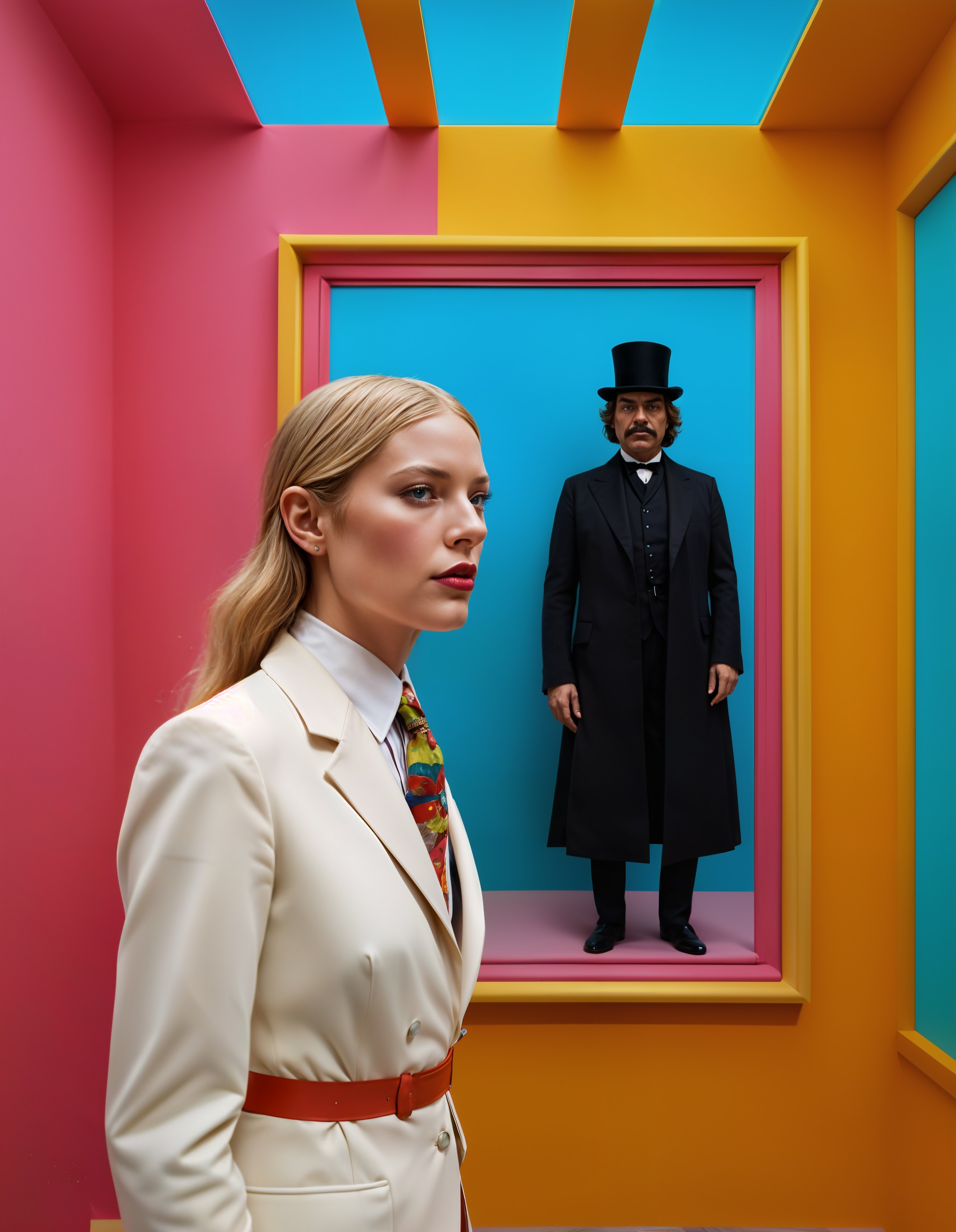 Fashionable Woman in Cream Suit with Dapper Man in Niche