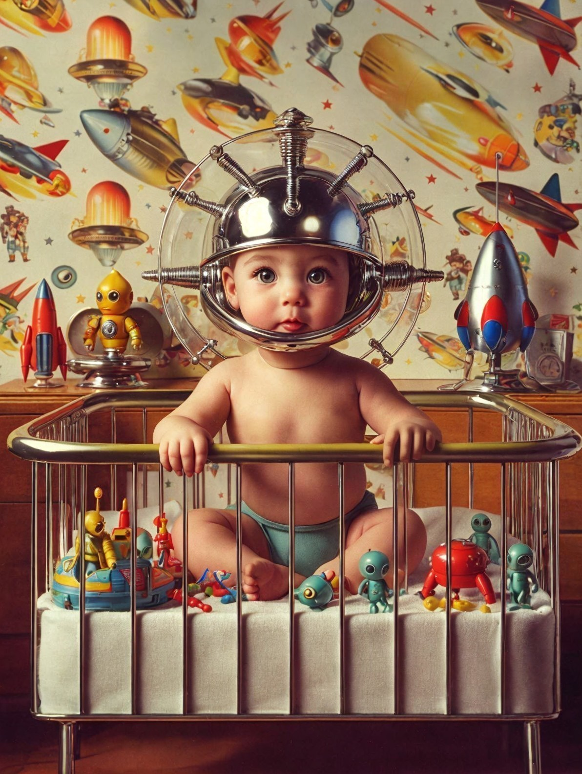 Vintage Crib with Baby in Futuristic Helmet and Toys