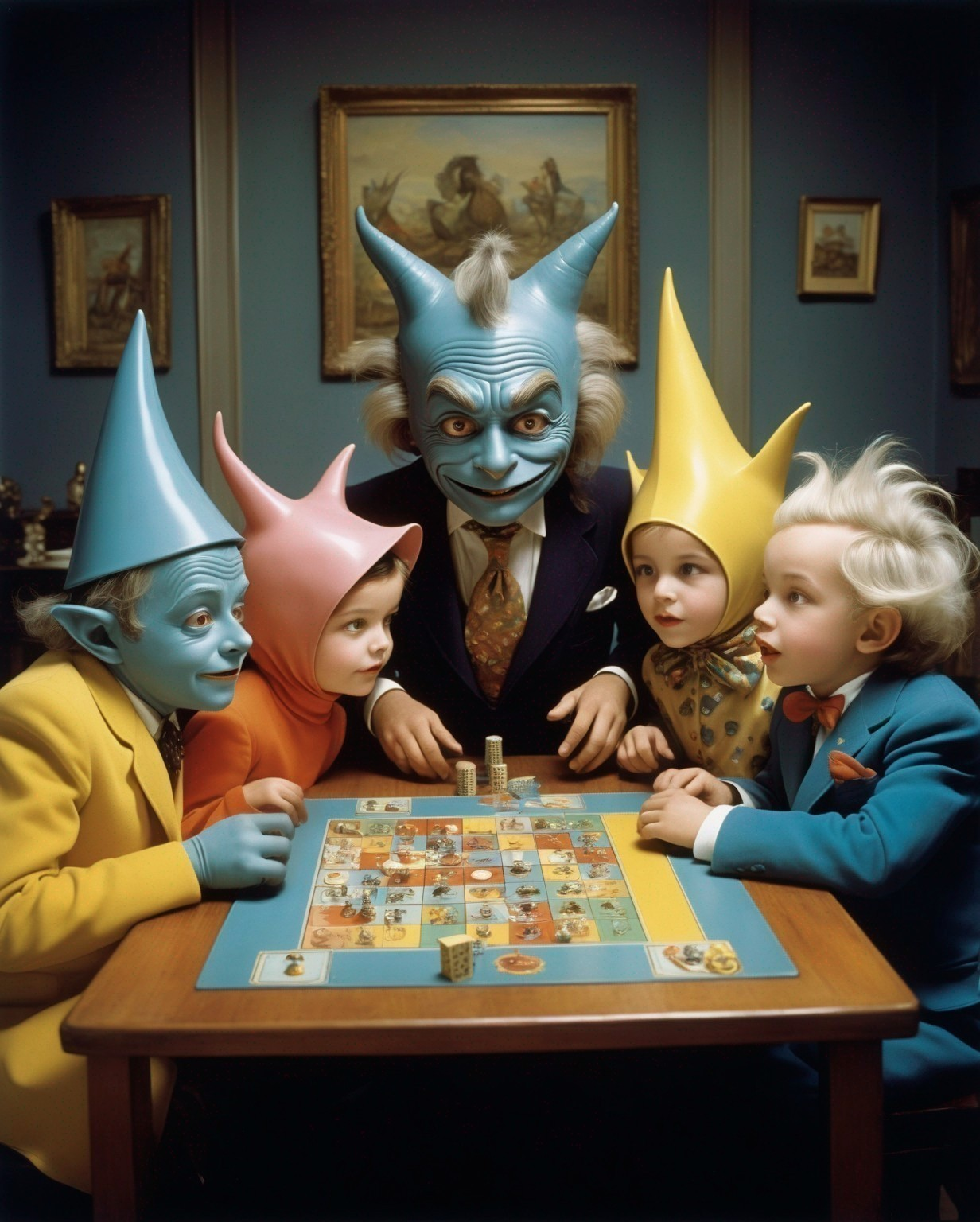 Children and Blue-Skinned Adult Play Colorful Board Game