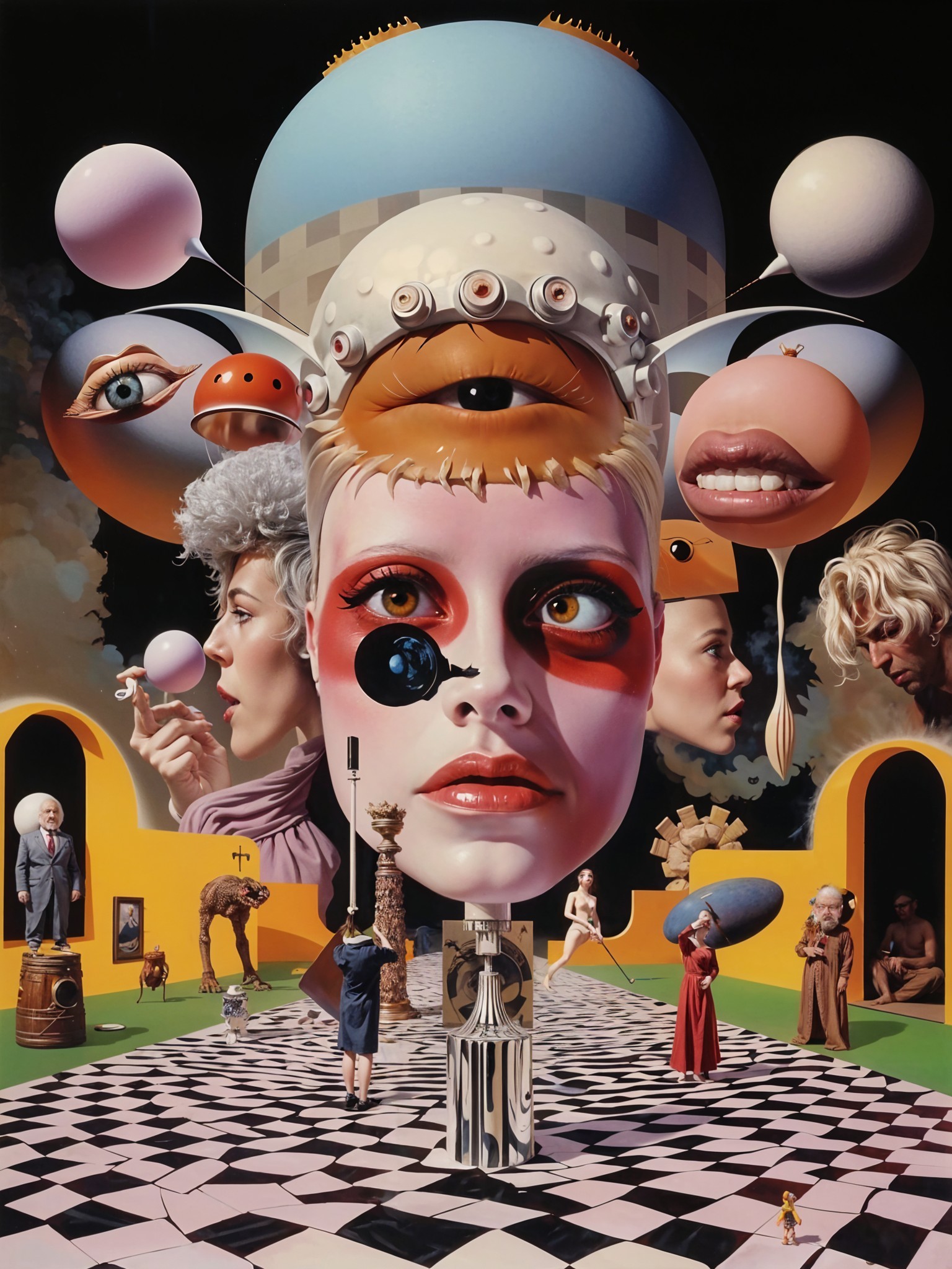 Surreal Scene with Giant Face and Floating Elements