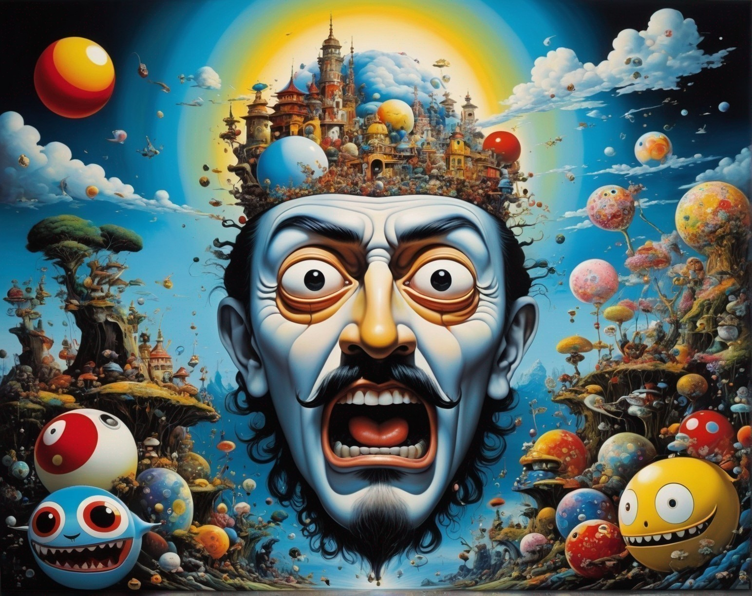 Surreal Landscape with Expressive Face and Cityscape