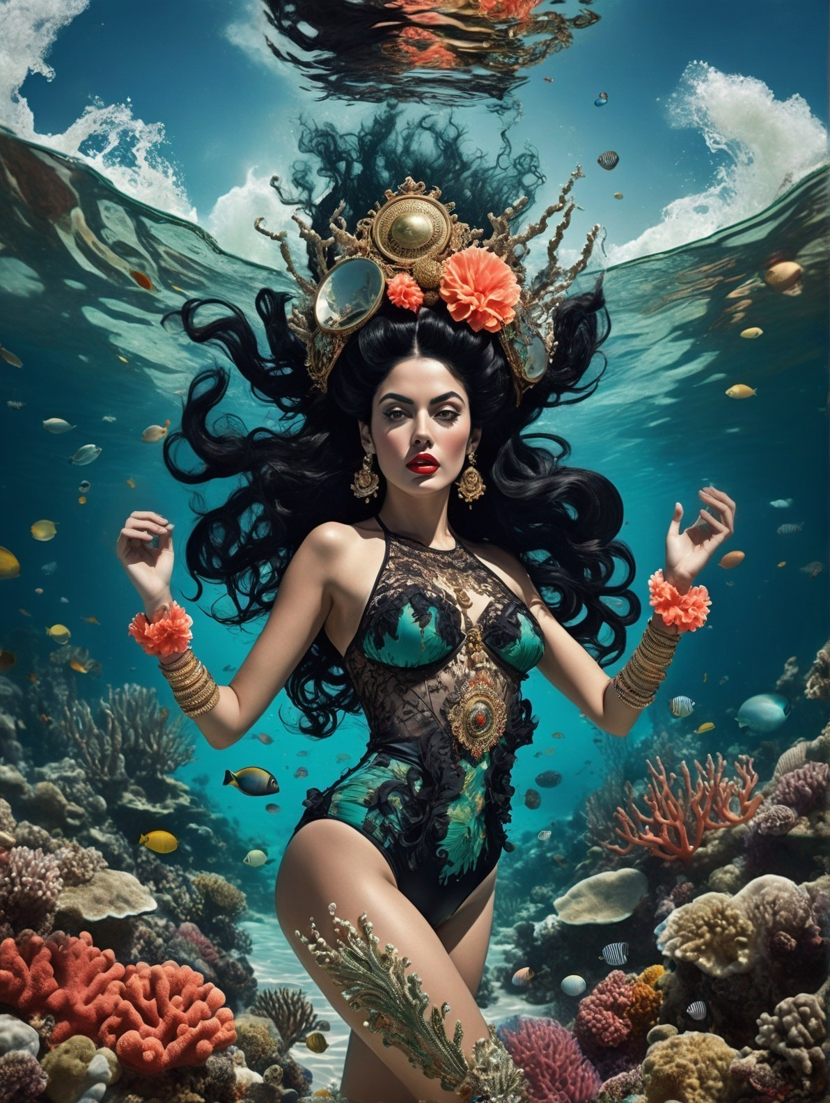 Underwater Scene with Woman in Vibrant Swimsuit