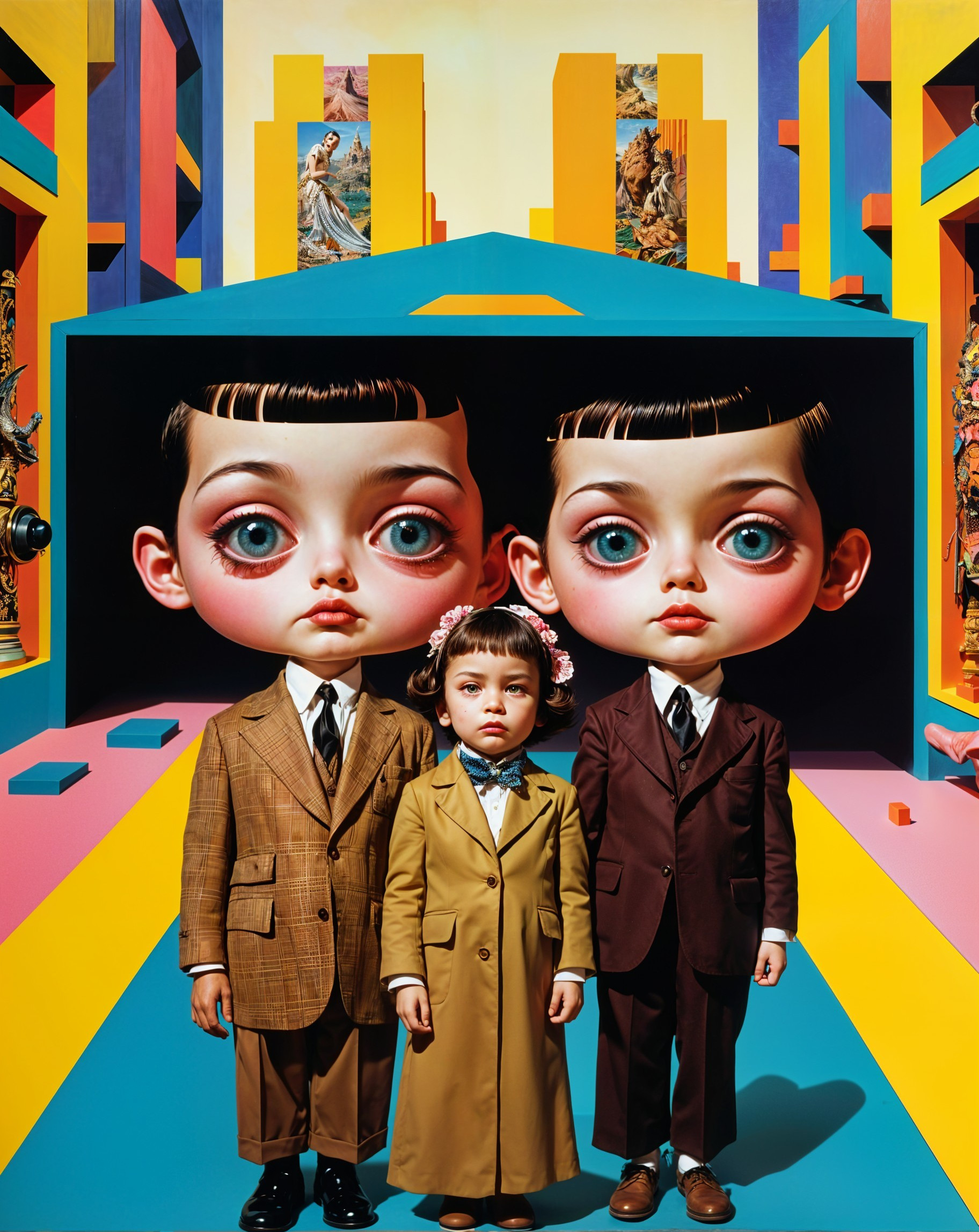 Surreal Scene with Three Stylized Children in Suits