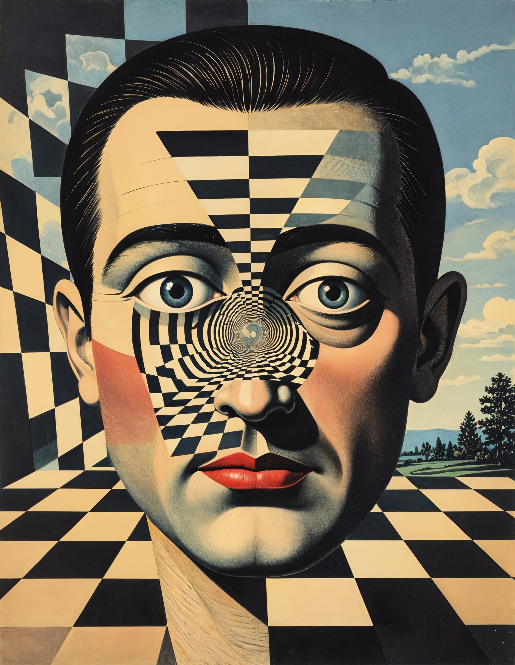 Surrealist Painting Featuring a Man's Face and Chessboard