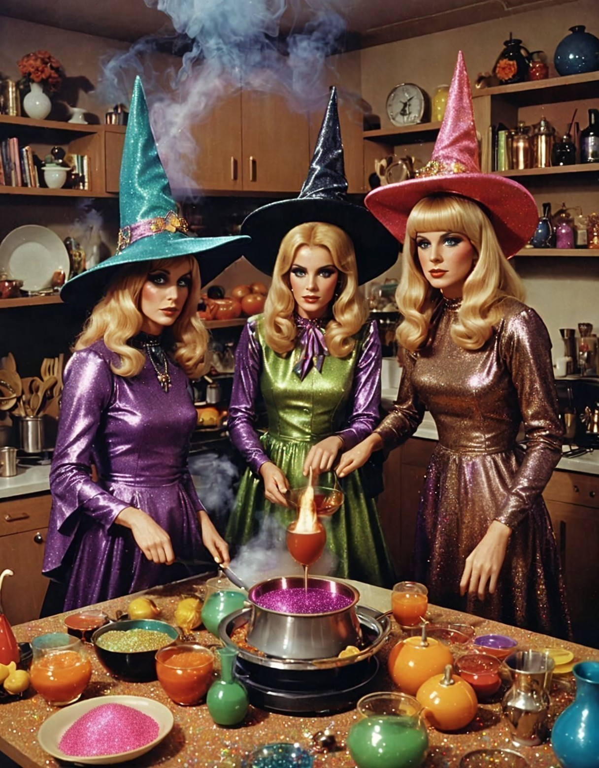 Glamorous Women in Witch Costumes Making Colorful Potion