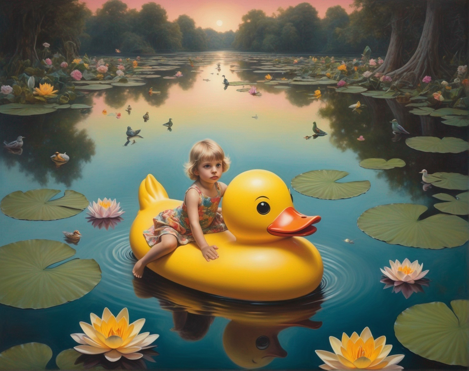 Child on Giant Rubber Duck in Serene Pond Setting