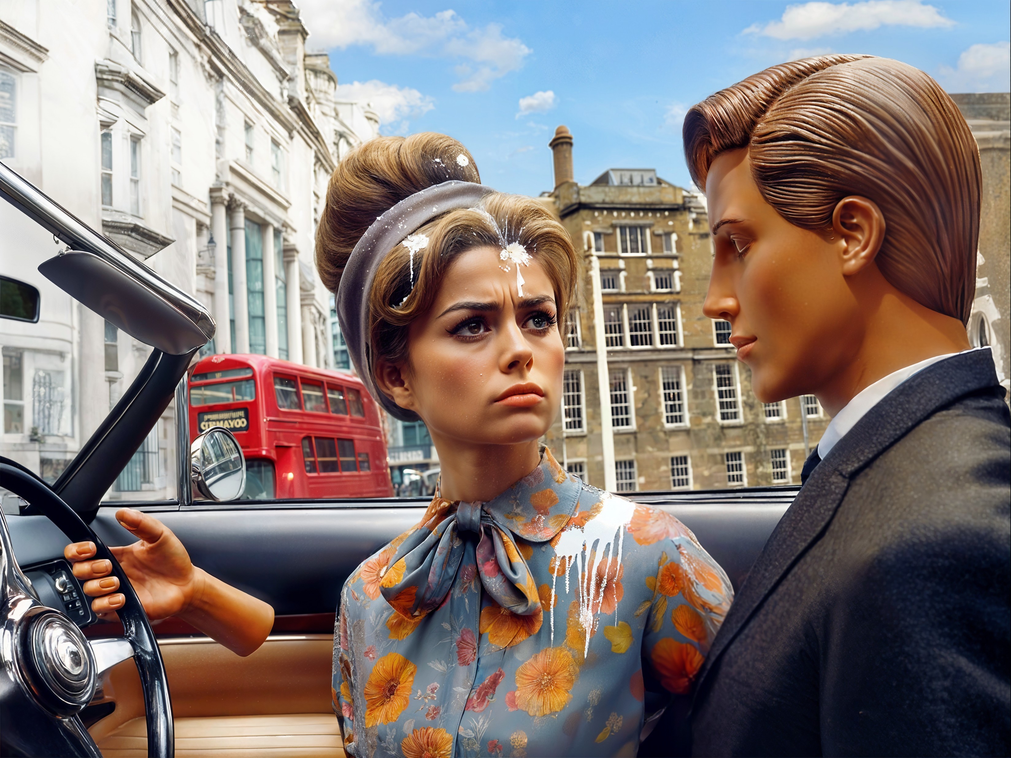 Vintage Scene in Classic Convertible Car with City Backdrop