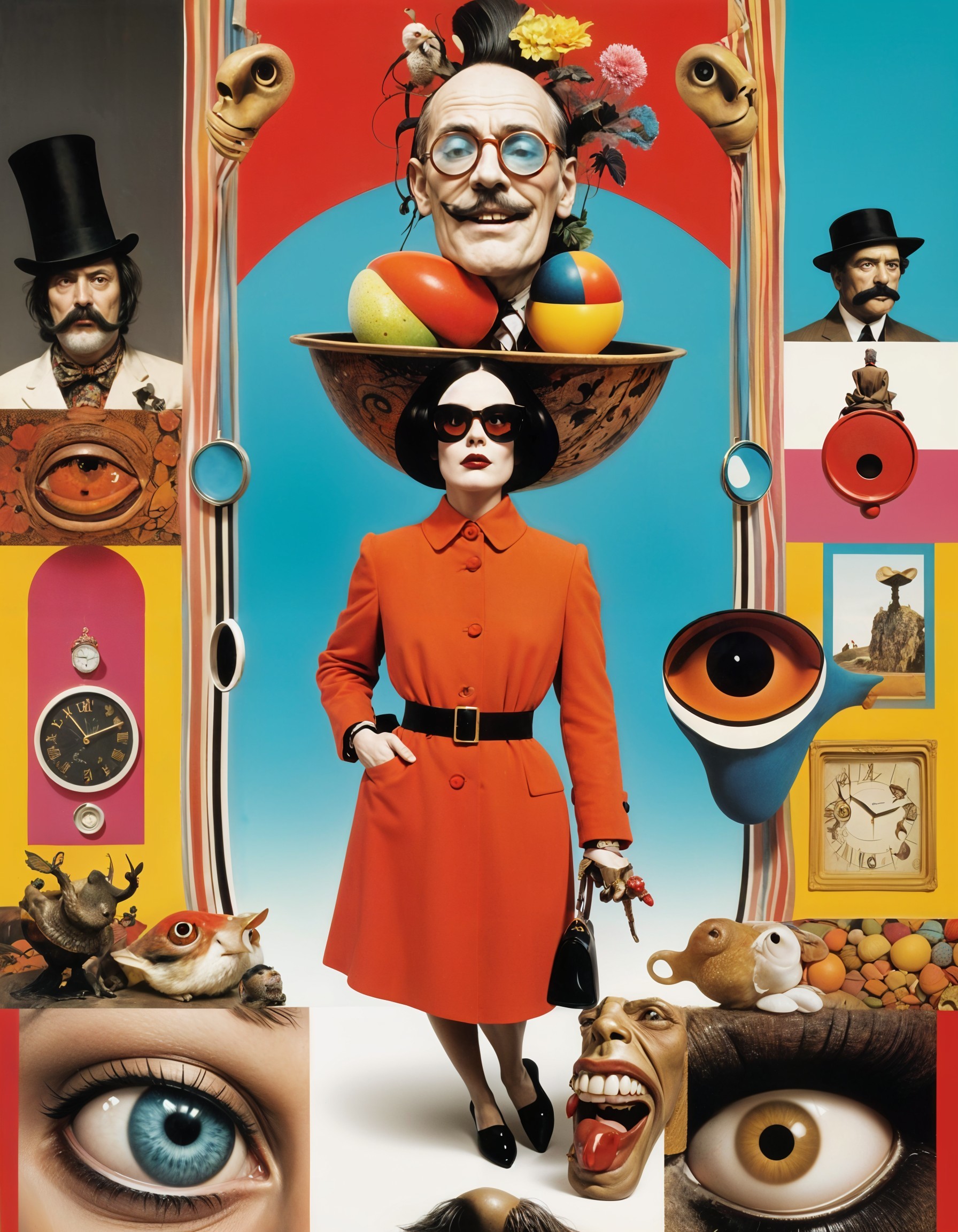 Surreal Composition with Colorful Central Figure and Objects