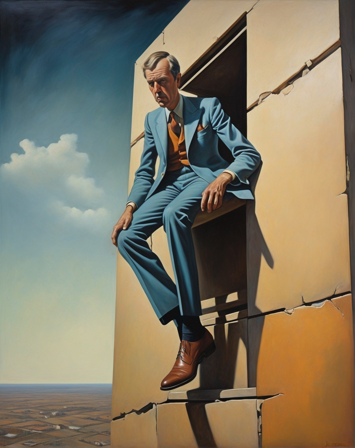 Dapper Man in Turquoise Suit Overlooking Abstract Landscape
