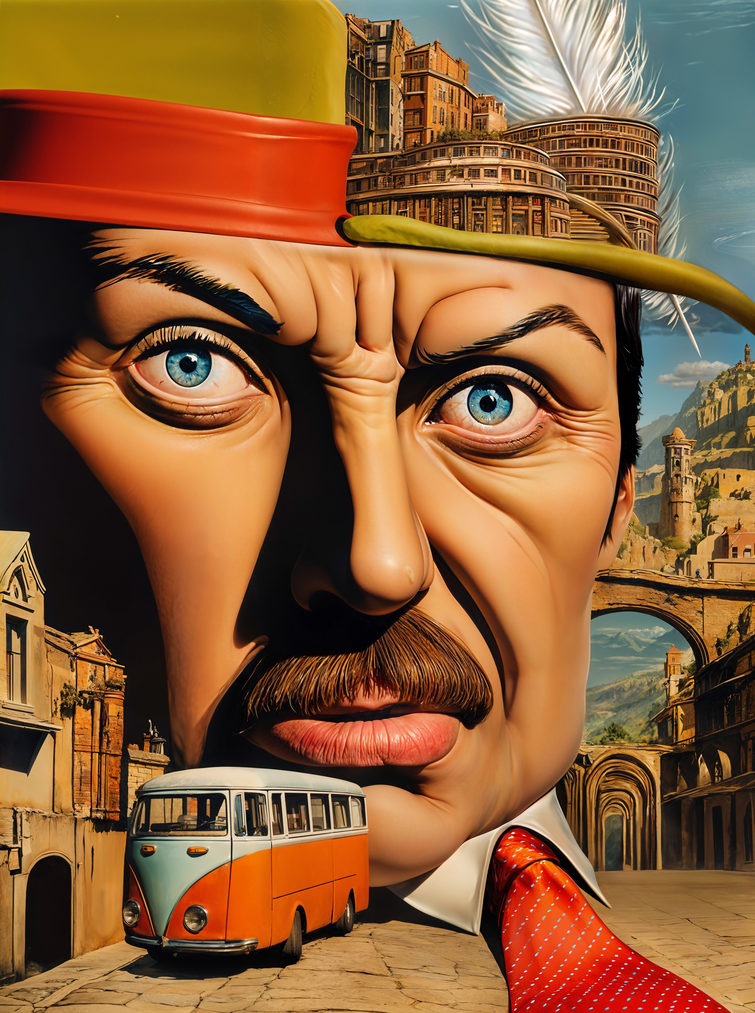 Surreal Oversized Face in Whimsical Cityscape