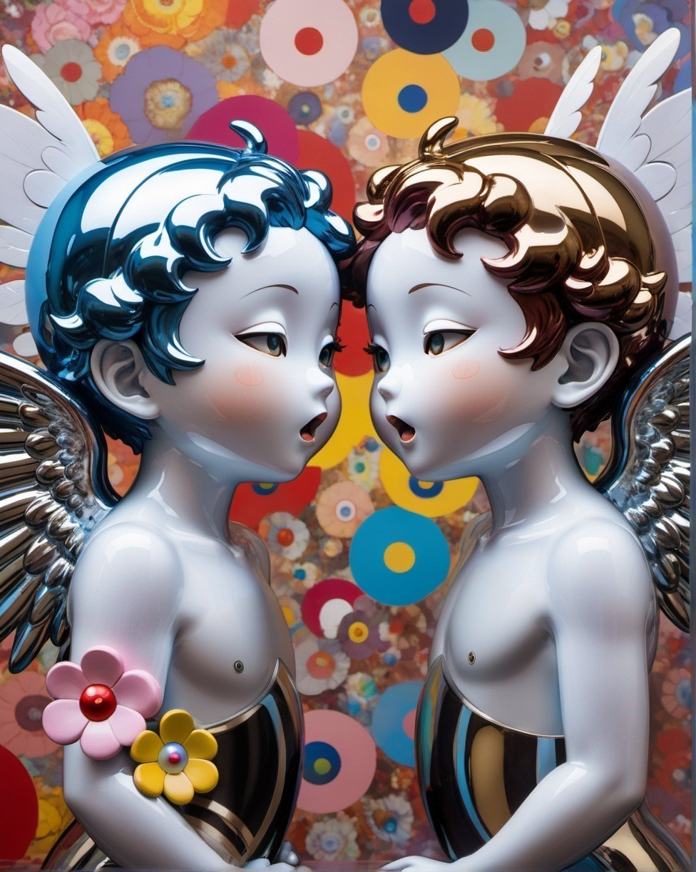 Stylized Cherubs with Metallic Wings and Flowers