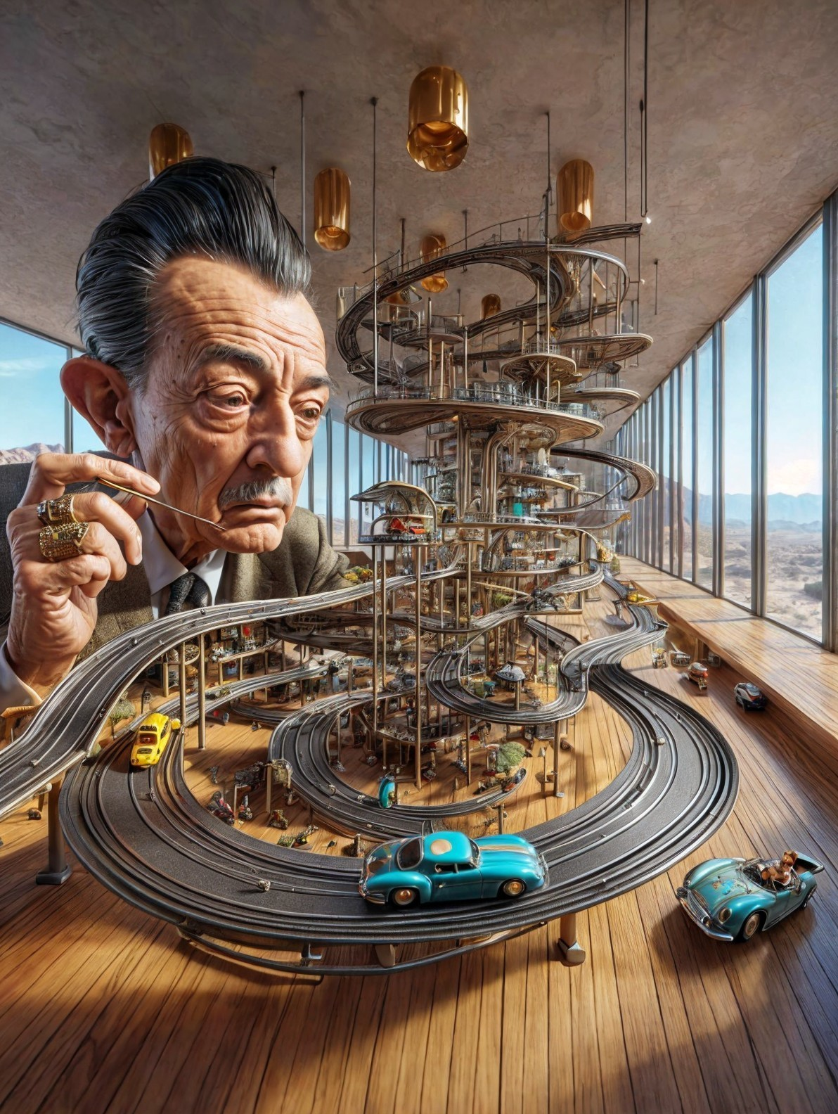 Surreal Model Train Set in Modern Spacious Room