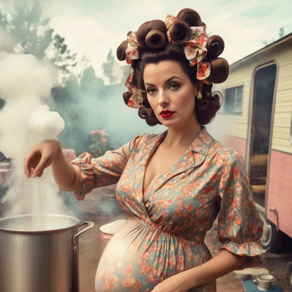 Vintage Scene of Pregnant Woman in Floral Dress