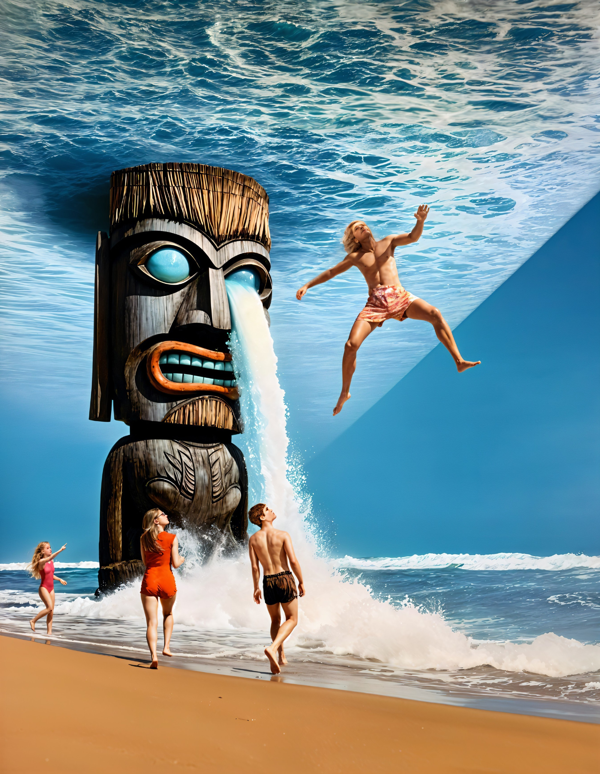 Surreal Beach Scene with Tiki Statue and Children