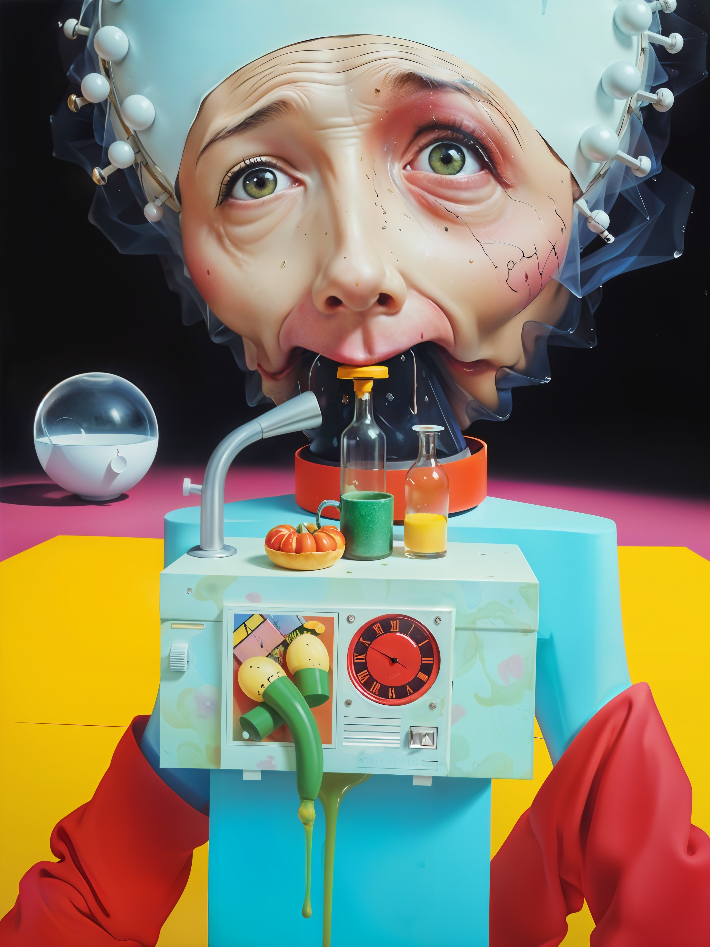 Surreal Scene with Exaggerated Head and Colorful Background