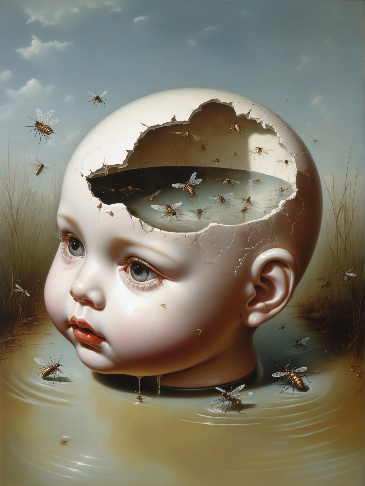 Surreal Doll's Head with Water and Bees in Nature