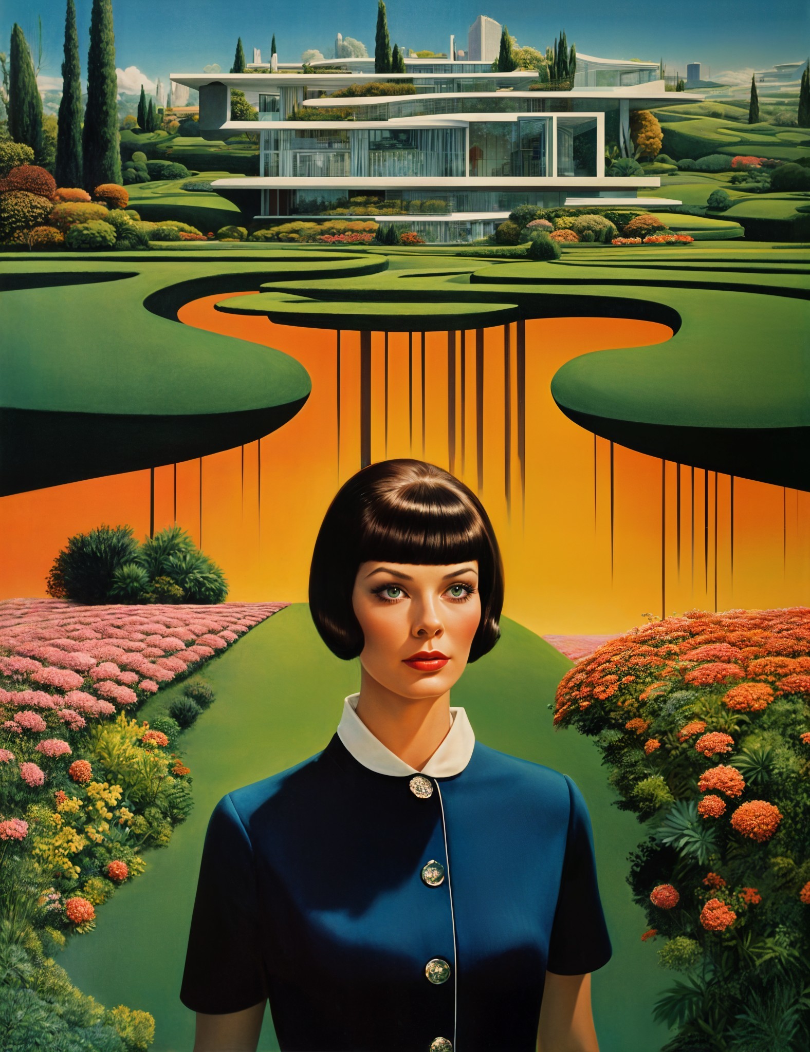 Stylized Illustration of Woman in Garden with River
